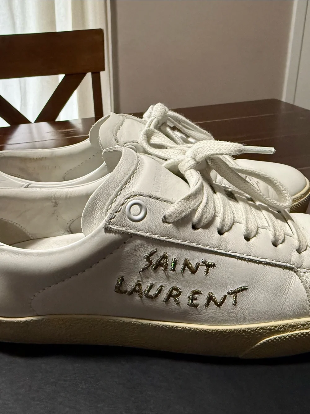 Saint Laurent White Leather Court Classic Sneakers with Beige Sole and Gold Logo